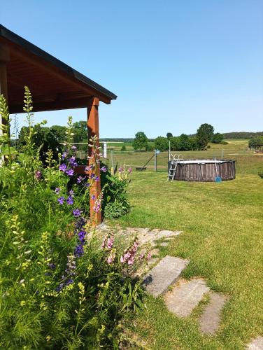 a garden with purple flowers and a wooden shed at Smocze Ranczo 3 in Ośno Lubuskie