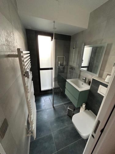 une salle de bain avec des toilettes blanches et un lavabo dans l'établissement Foch - Studio - Calme - wifi, à Vannes