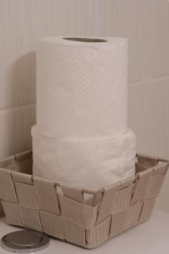 a white cake with a roll of toilet paper in a basket at Elysia Park Apartments in Paphos City