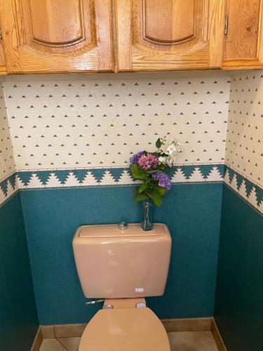 La salle de bains est pourvue de toilettes et d'un vase de fleurs. dans l'établissement Maison Changé, à Changé