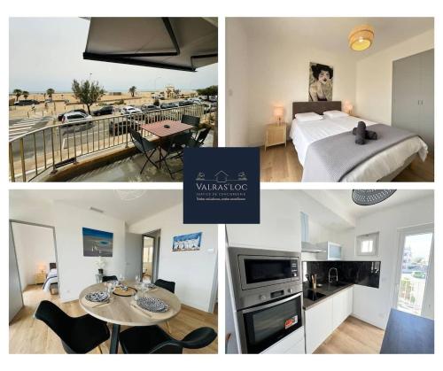 un collage de trois photos d'une chambre et d'une cuisine dans l'établissement Balcon sur la Mediterranee, à Valras-Plage