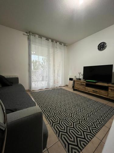 un salon avec un canapé et une télévision à écran plat dans l'établissement Beau T2 emplacement idéal, à Annemasse