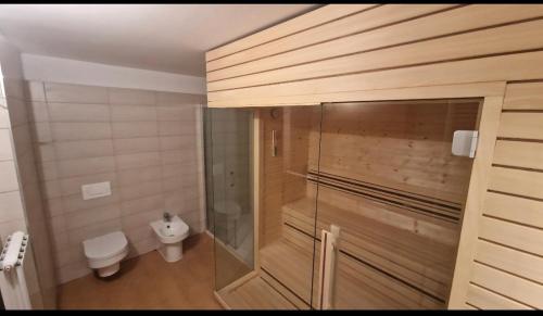 a bathroom with a toilet and a glass shower stall at Komforna planinska kuća za odmor in Mrkopalj