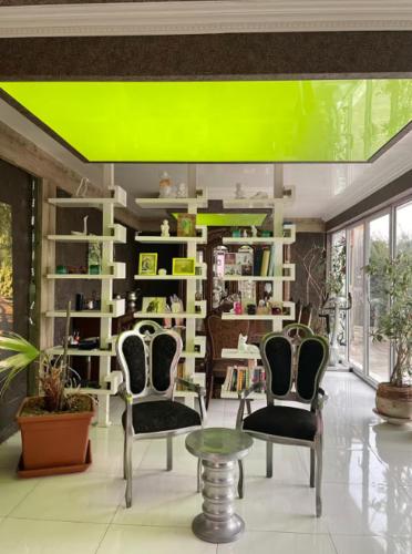 a room with chairs and a table with a green ceiling at Къща,Вила с басейн in Plovdiv