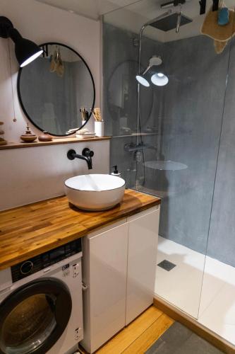 une salle de bain avec douche et lavabo et une machine à laver dans l'établissement Me Lady's Cocoon 3 étoiles, à Capbreton