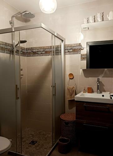 une salle de bain avec une douche en verre et un lavabo dans l'établissement La Paillote, à Villeneuve-lès-Maguelone