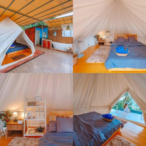 a group of four pictures of a tent with beds at ภูสกาย โฮมสเตย์ in Mon Jam