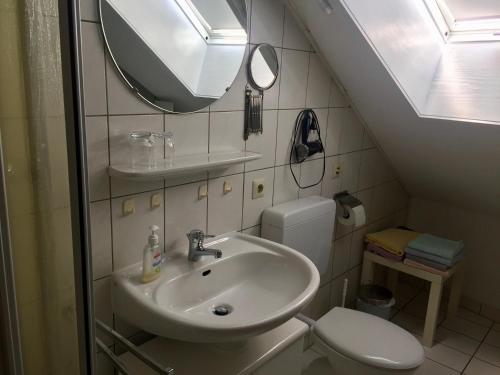 a bathroom with a sink and a toilet and a mirror at Gästehaus Linde in Endingen