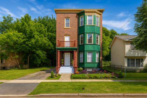 a large brick house with a green at Modern 6BR Near Syracuse U, Destiny & Zoo Sleeps 18 in Syracuse