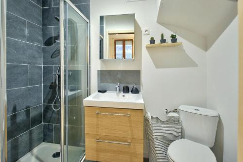 une salle de bain avec une douche, des toilettes et un lavabo dans l'établissement Le Debussy - Prox Gare & Place Stan, à Nancy