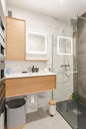 une salle de bain avec un lavabo et une douche dans l'établissement Sublime Appartement Villeurbanne, à Villeurbanne