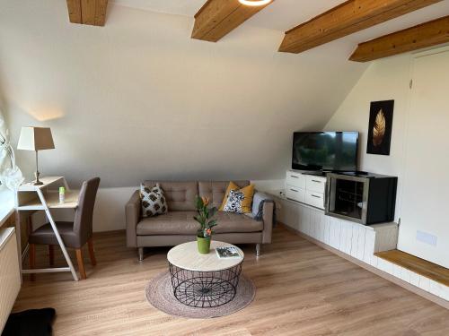 a living room with a couch and a tv at Huck’s Ferienhäuser in Borstel