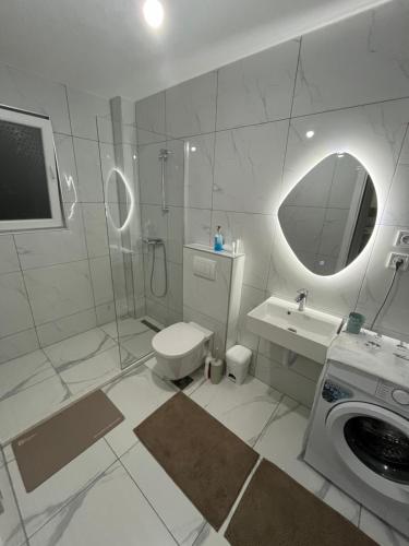 a bathroom with a shower toilet and a sink at Apartmani AMAN in Dobra Voda