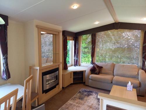 a living room with a couch and a fireplace at Emma 6 in Menai Bridge