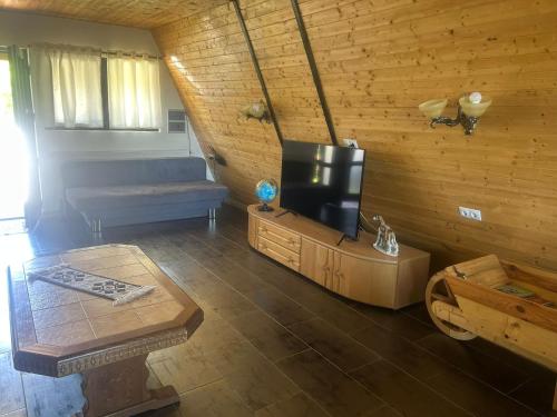 a living room with a couch and a television at cabana Fratii Pasca in Bîrsana