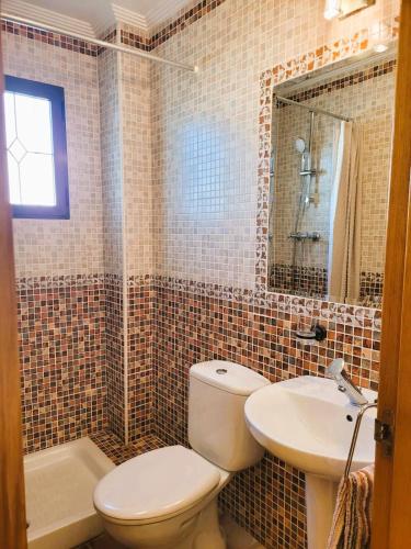 a bathroom with a toilet and a sink and a mirror at Juweeltje van Hondon, met groot zwembad en rust in Hondón de las Nieves