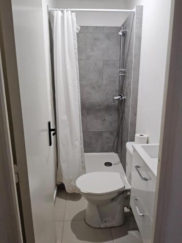 une petite salle de bain avec toilettes et douche dans l'établissement Le barracuda du port, à Port-la-Nouvelle