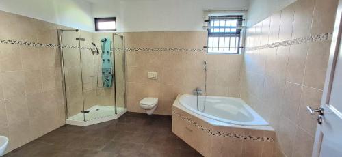 a bathroom with a shower and a tub and a toilet at La Kaza Famillia in Grand Gaube
