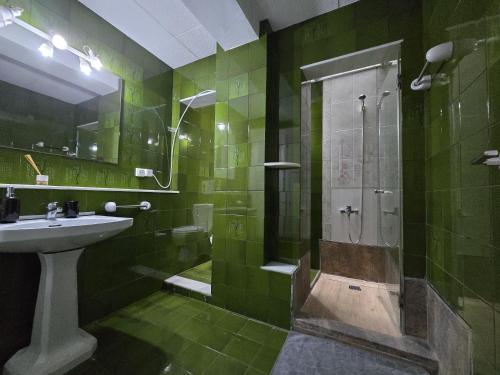 bagno verde con doccia e lavandino di La Casa de Ely a Sant Carles de la Ràpita