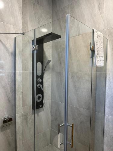 a shower stall with a glass shower door at Apartments Bioland in Kulen Vakuf