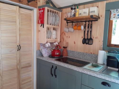 a kitchen with a sink and a counter top at Little Greenwood Shepherd Hut in Boughton Malherbe