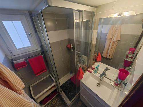 La petite salle de bains est pourvue d'une douche et d'un lavabo. dans l'établissement Appartement climatisé pour 5 pers avec terrasse, à 900m de la plage et parking privatif - FR-1-607-66, au Cap d'Agde