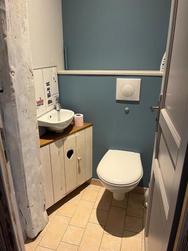 une salle de bain avec toilettes et lavabo dans l'établissement La Petite Reine de l'Abbaye, à Thiers