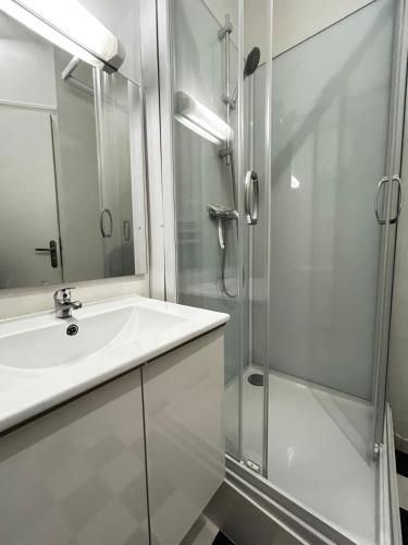 une salle de bain avec un lavabo et une douche en verre dans l'établissement Soif de Limoges, cosy en hypercentre, à Limoges