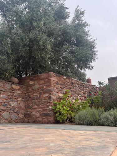 a stone wall with flowers and a tree behind it at Ecolodge Dar bouhouta in Tahannout