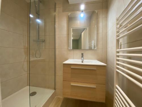 une salle de bain avec une douche, un lavabo et un miroir dans l'établissement Superbe studio avec coin nuit vieux nice !, à Nice