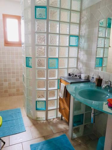 une salle de bain avec un lavabo et une douche en verre dans l'établissement House with private pool & panoramic view, à Montauroux