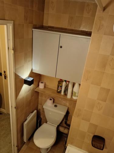 Elle comprend une petite salle de bains pourvue de toilettes et d'une armoire. dans l'établissement Le nid de l'isard, à Cauterets