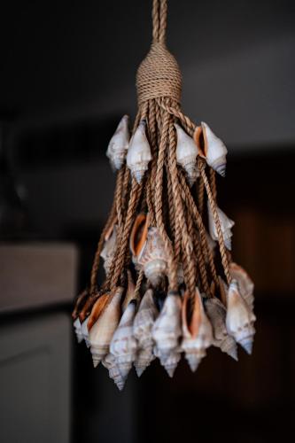 a cluster of seashells hanging from a rope at Roditses Beach Sea Front Apartments in Samos