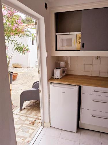 La cuisine est équipée d'un réfrigérateur blanc et d'un four micro-ondes. dans l'établissement L'anguille du port, à Port-la-Nouvelle