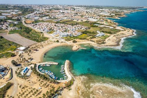 an aerial view of a beach and the ocean at Villa Elia Blue , hot tube , heated pool in Paralimni
