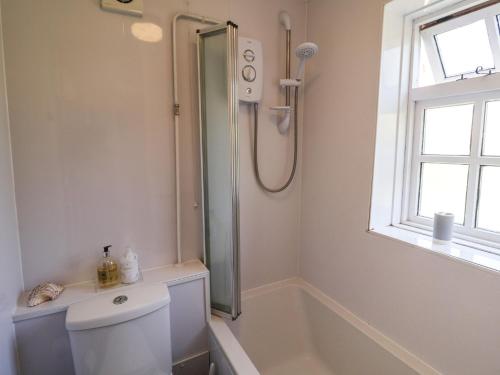 a white bathroom with a shower and a toilet at Pebble in Holt