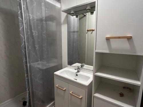 une salle de bain blanche avec un lavabo et une douche dans l'établissement Appartement T2 au centre de La Roche-Posay avec WIFI - FR-1-541-177, à La Roche-Posay