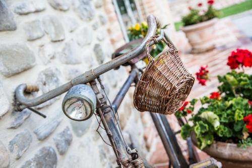 a bicycle with a basket attached to a wall with flowers at Vocabolo Monache in Ponte Pattoli