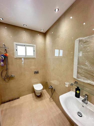 a bathroom with a toilet and a sink and a window at villa meublé in Tunis