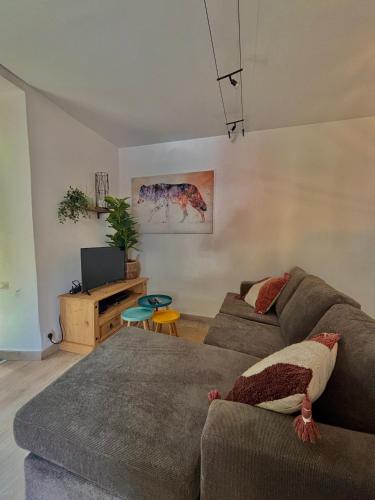 un salon avec un canapé et une télévision dans l'établissement MAISON NGP, à Aigueblanche