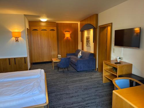 a hotel room with a couch and a tv at Gasthof-Hotel Goldenes Schiff in Engelhartszell