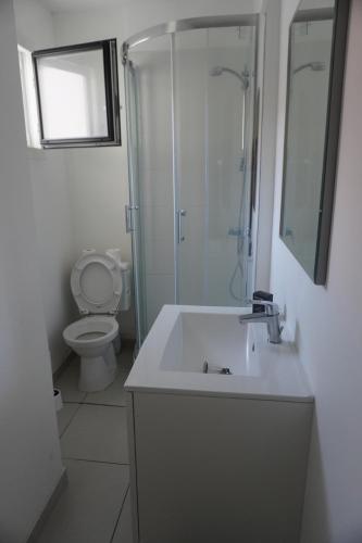 une salle de bain avec un lavabo, une douche et des toilettes dans l'établissement L'espadon du port, air conditioning, terrace, sea, 5 people, à Port-la-Nouvelle