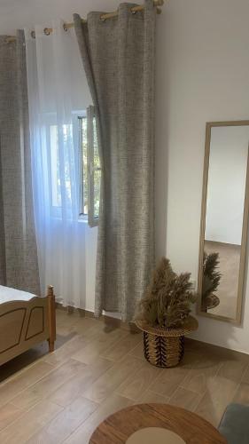 a living room with a window and a potted plant at Luna Guest House in Durrës