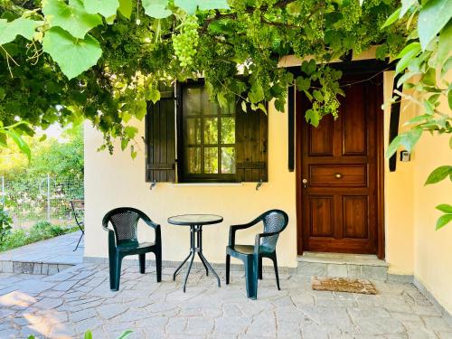 two chairs and a table in front of a house at Elgi Cottage in Chrysi Ammoudia