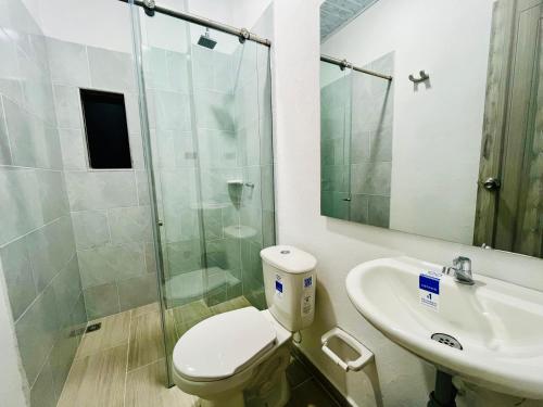a bathroom with a toilet and a sink and a shower at Amanecer Santorini in Estación El Salto