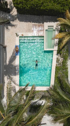 an overhead view of a man in a swimming pool at Hotel La Casa Cielo solo adultos in El Cuyo