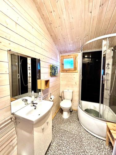 a bathroom with a toilet and a tub and a sink at Osada Familia in Sarbinowo