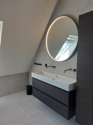 a bathroom with a sink and a mirror at Strandcamping Valkenisse in Biggekerke