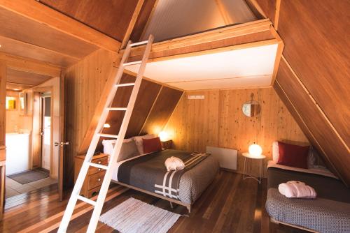 a bedroom with a bunk bed and a ladder at Au Sommet du Fjord in Sacré-Coeur-Saguenay