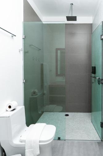 a bathroom with a toilet and a glass shower at Hotel La Casa Cielo solo adultos in El Cuyo